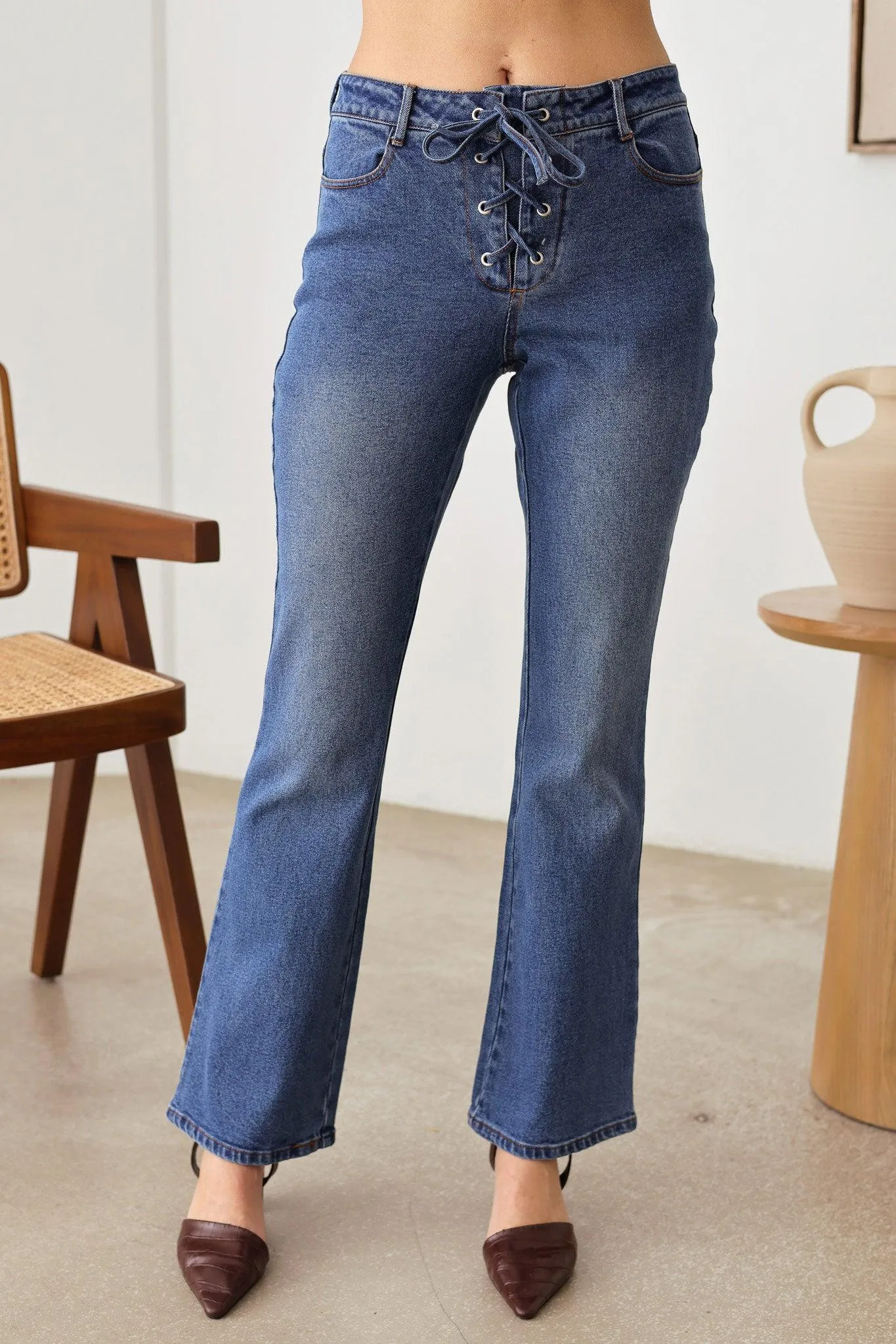 Bootcut Leg Front Tie Four Pocket Stretchy Denim Jeans