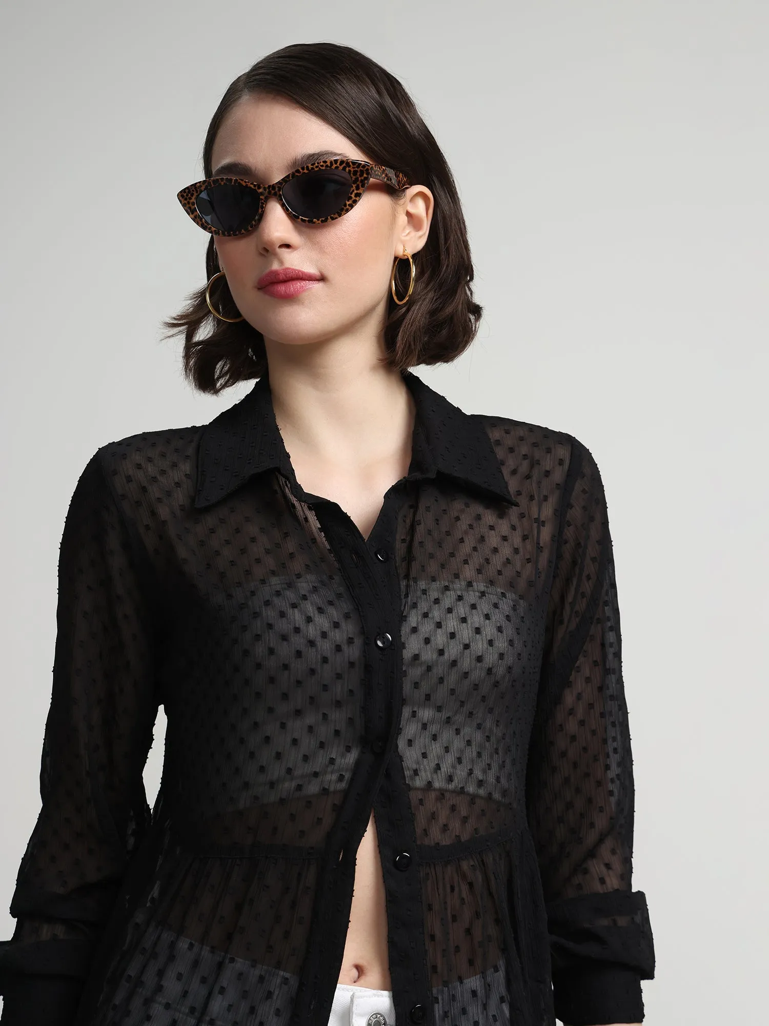 Clip-Dot Button-Front Maxi Blouse