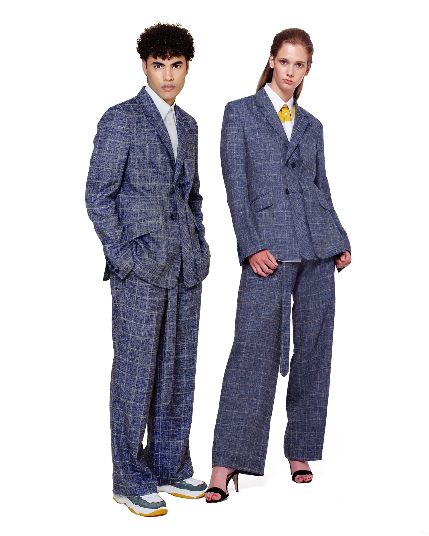 Double Button Suit with Wide Leg Trousers - Check