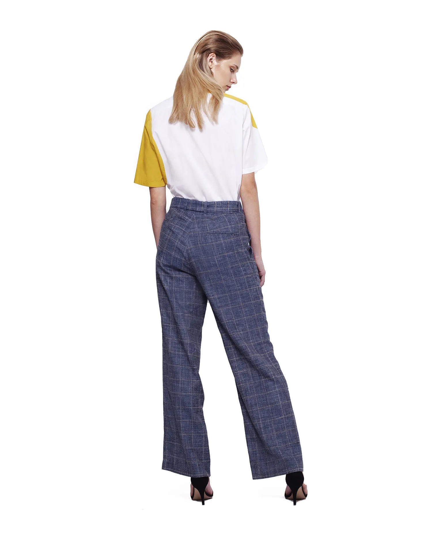 Double Button Suit with Wide Leg Trousers - Check