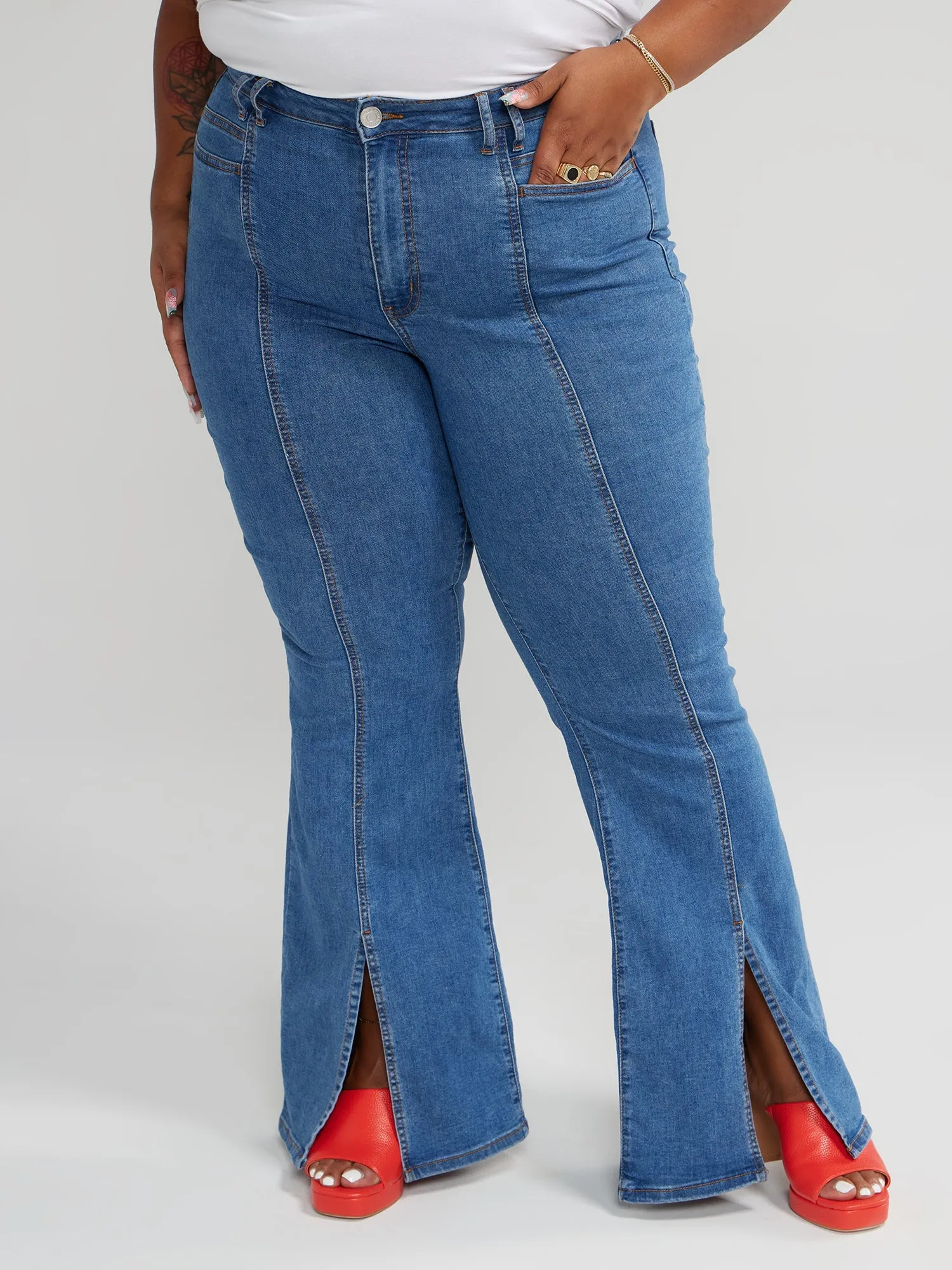 Fashion To Figure - High Rise Flare Jeans with Front Slit