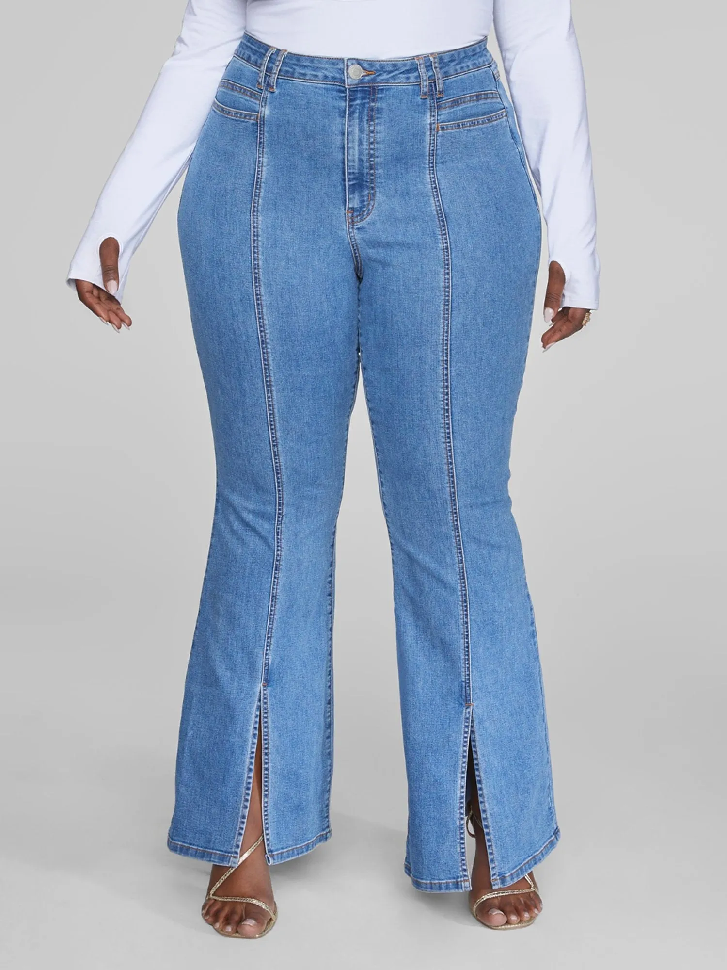 Fashion To Figure - High Rise Flare Jeans with Front Slit