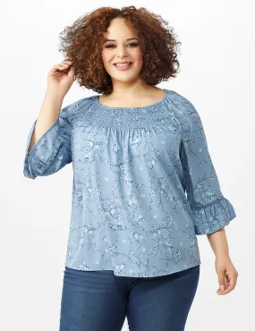 Flare Sleeve Smock Neck Vine Floral Top