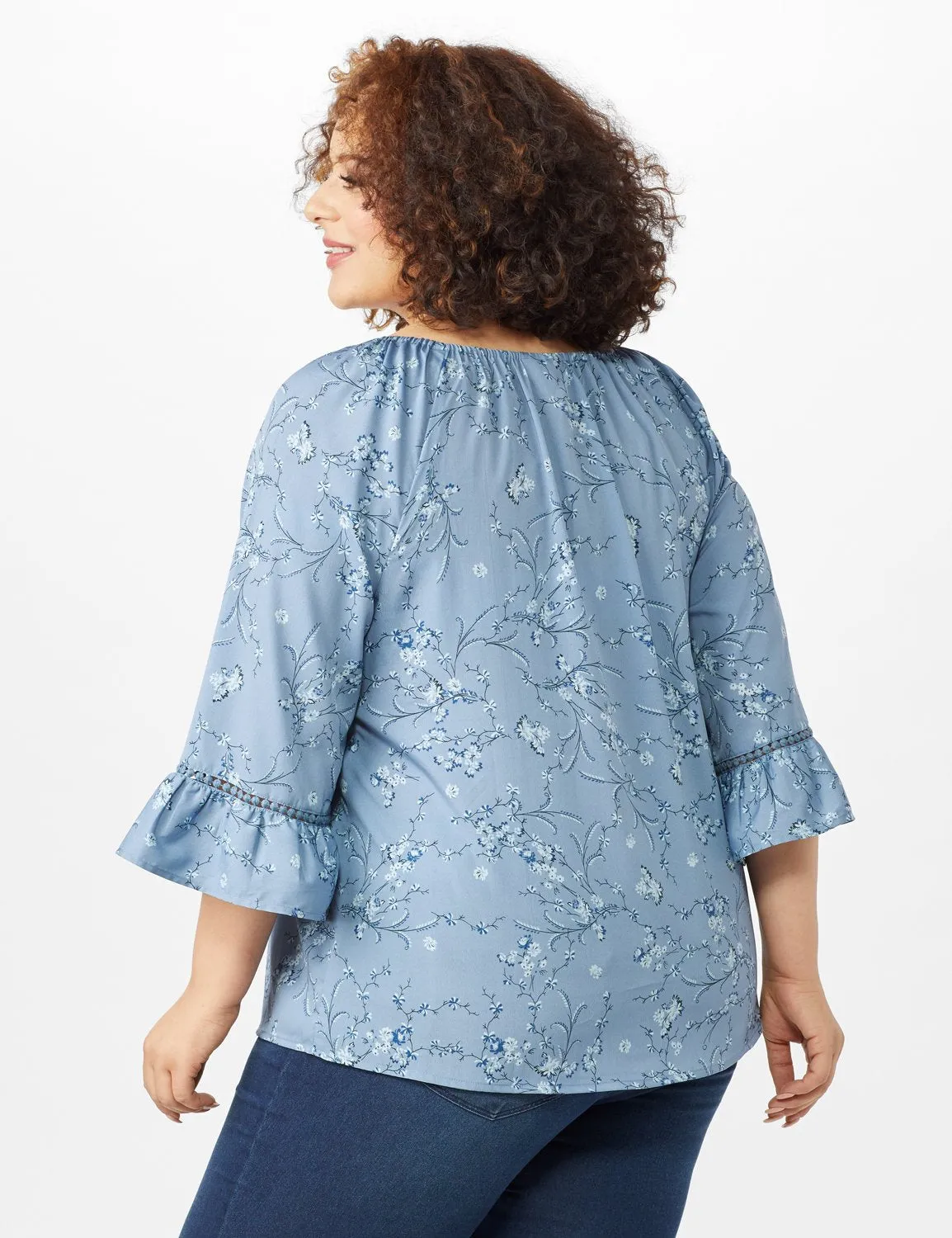 Flare Sleeve Smock Neck Vine Floral Top