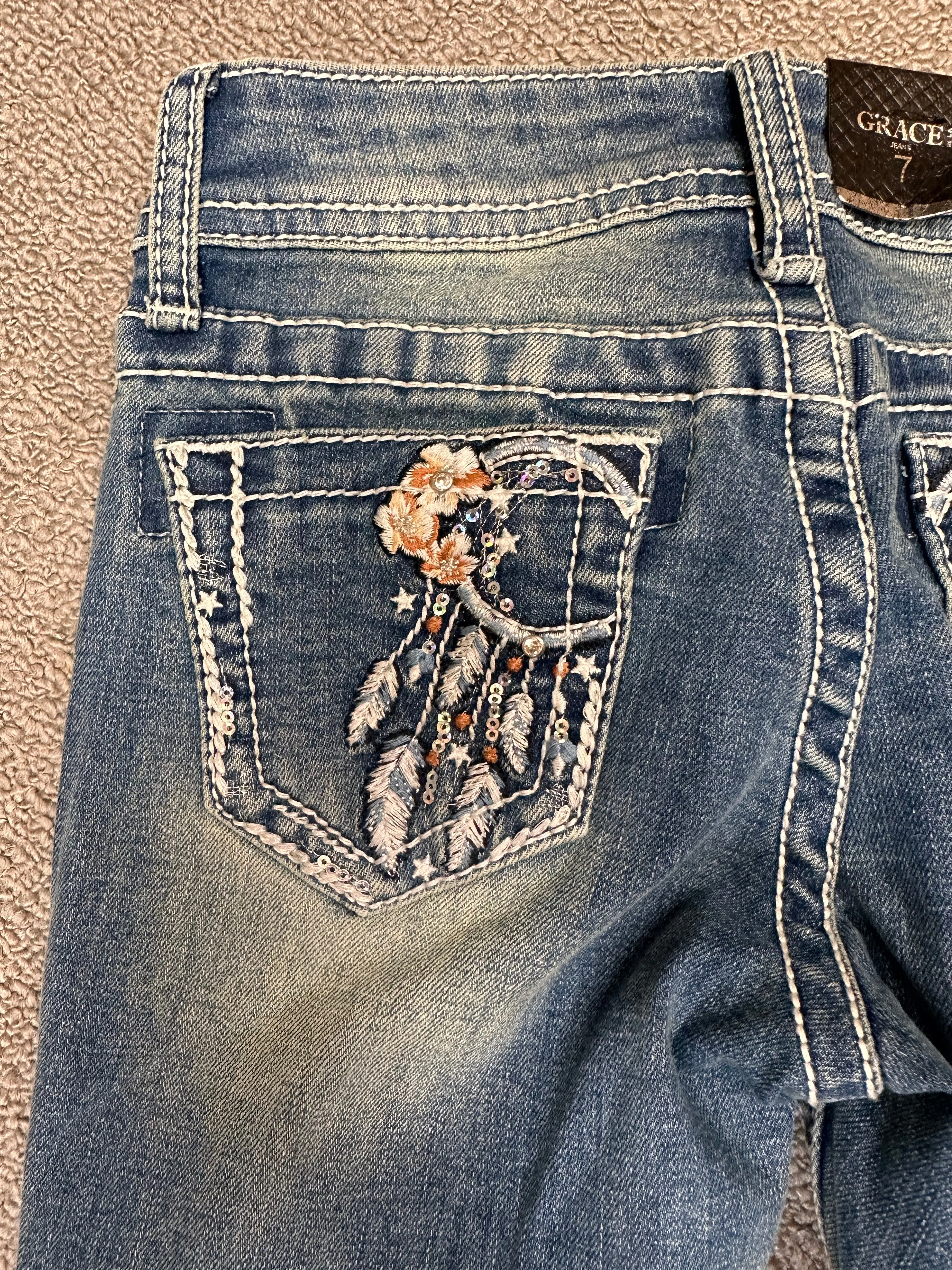 Grace In LA Girl's Flower Dream Catcher Flare Jeans GLS642