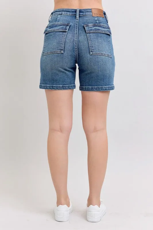 High Rise Utility Pocket Denim Shorts