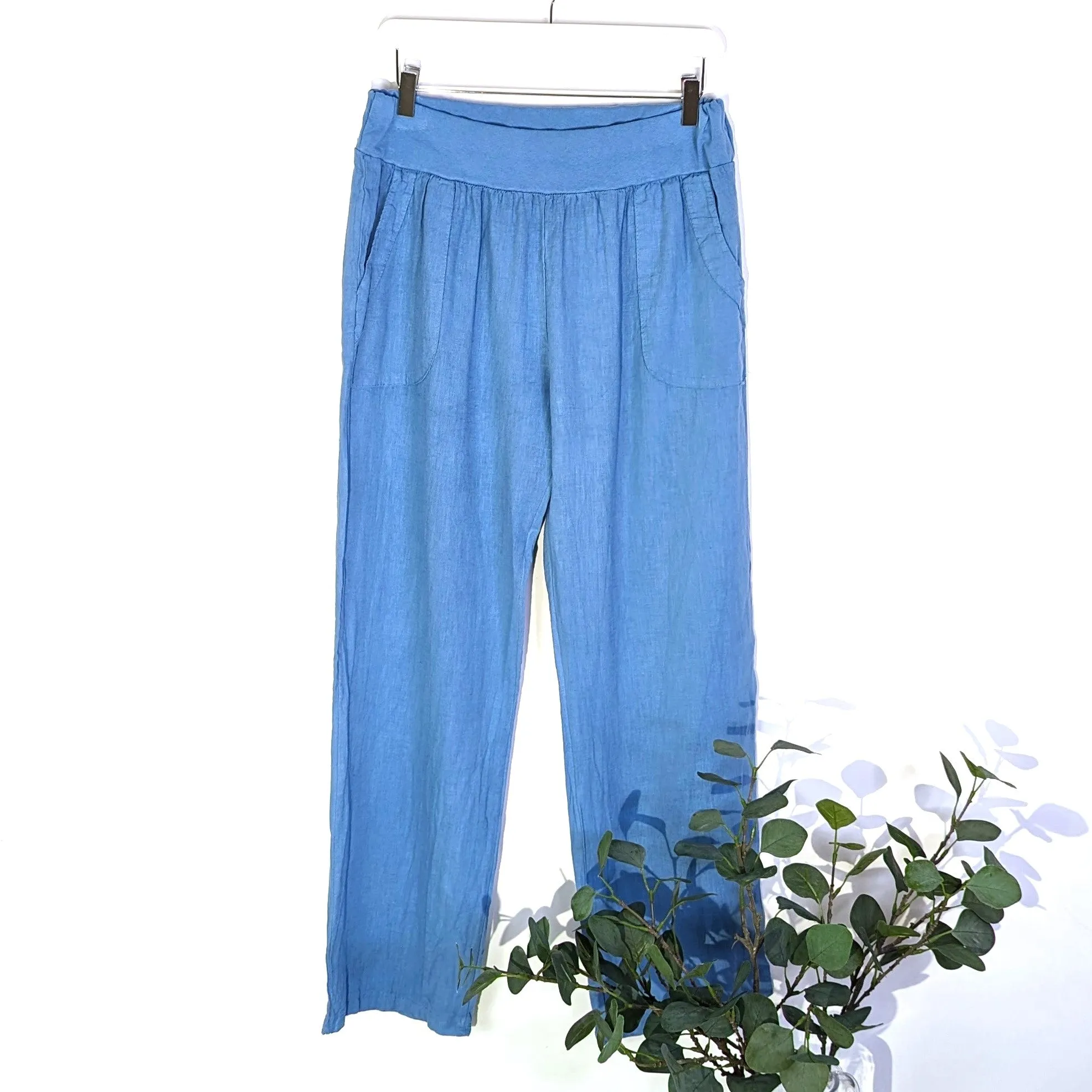 Linen cotton mix straight leg trousers with pockets (M-L)