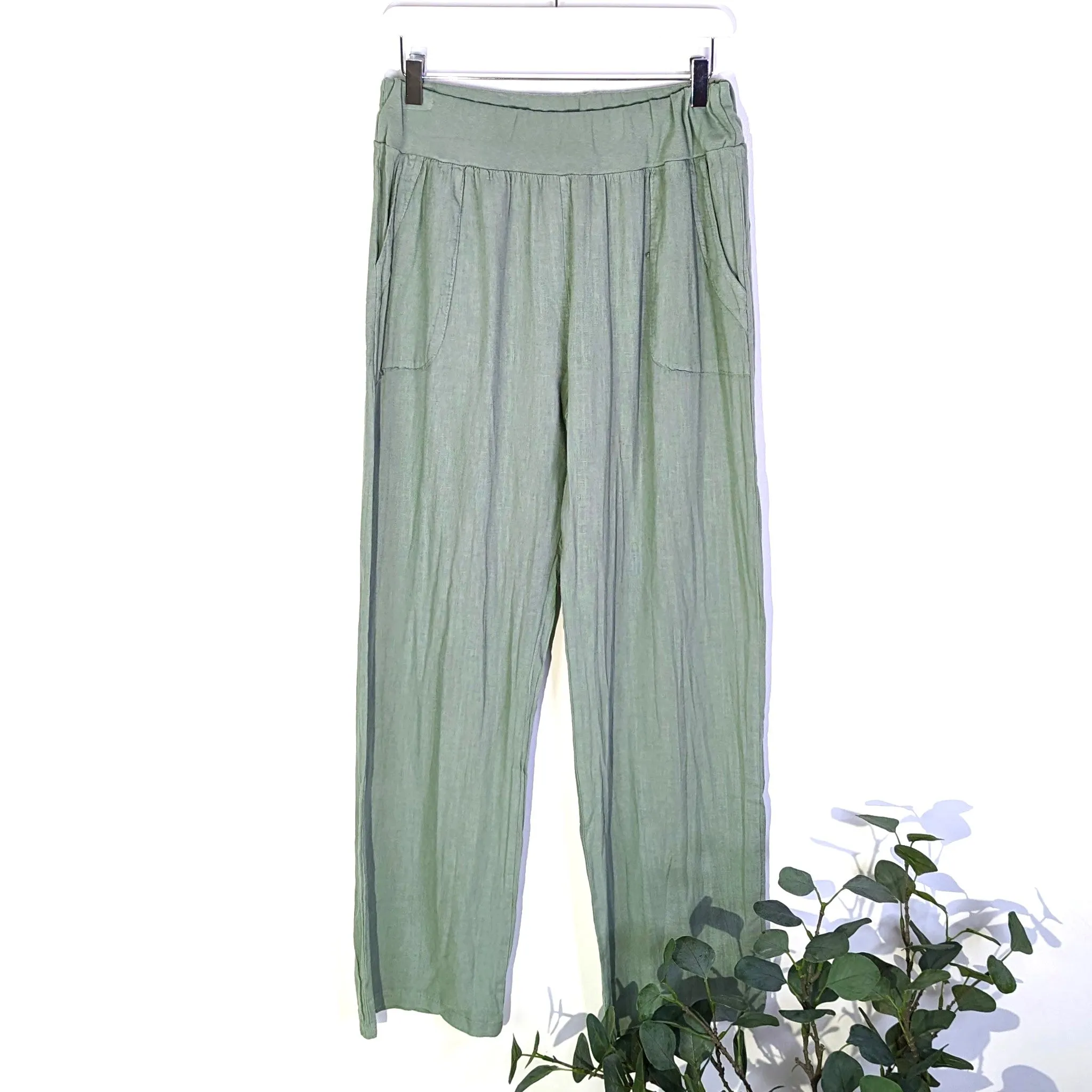 Linen cotton mix straight leg trousers with pockets (M-L)
