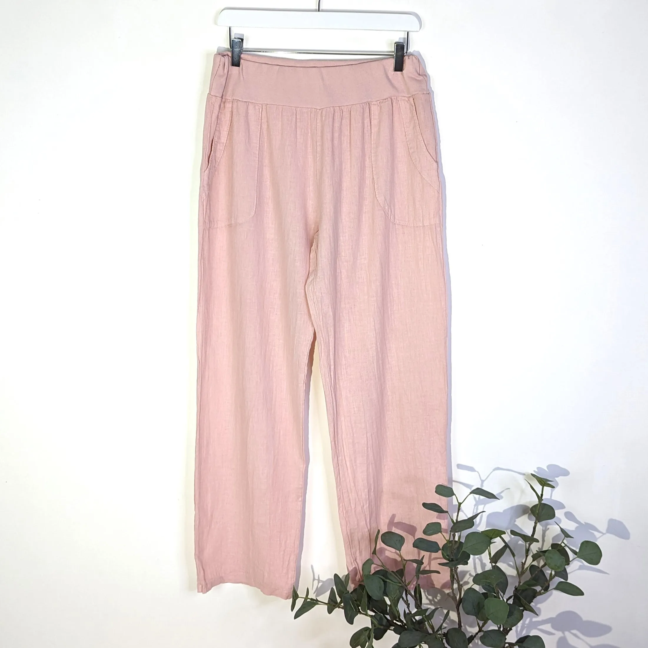 Linen cotton mix straight leg trousers with pockets (M-L)
