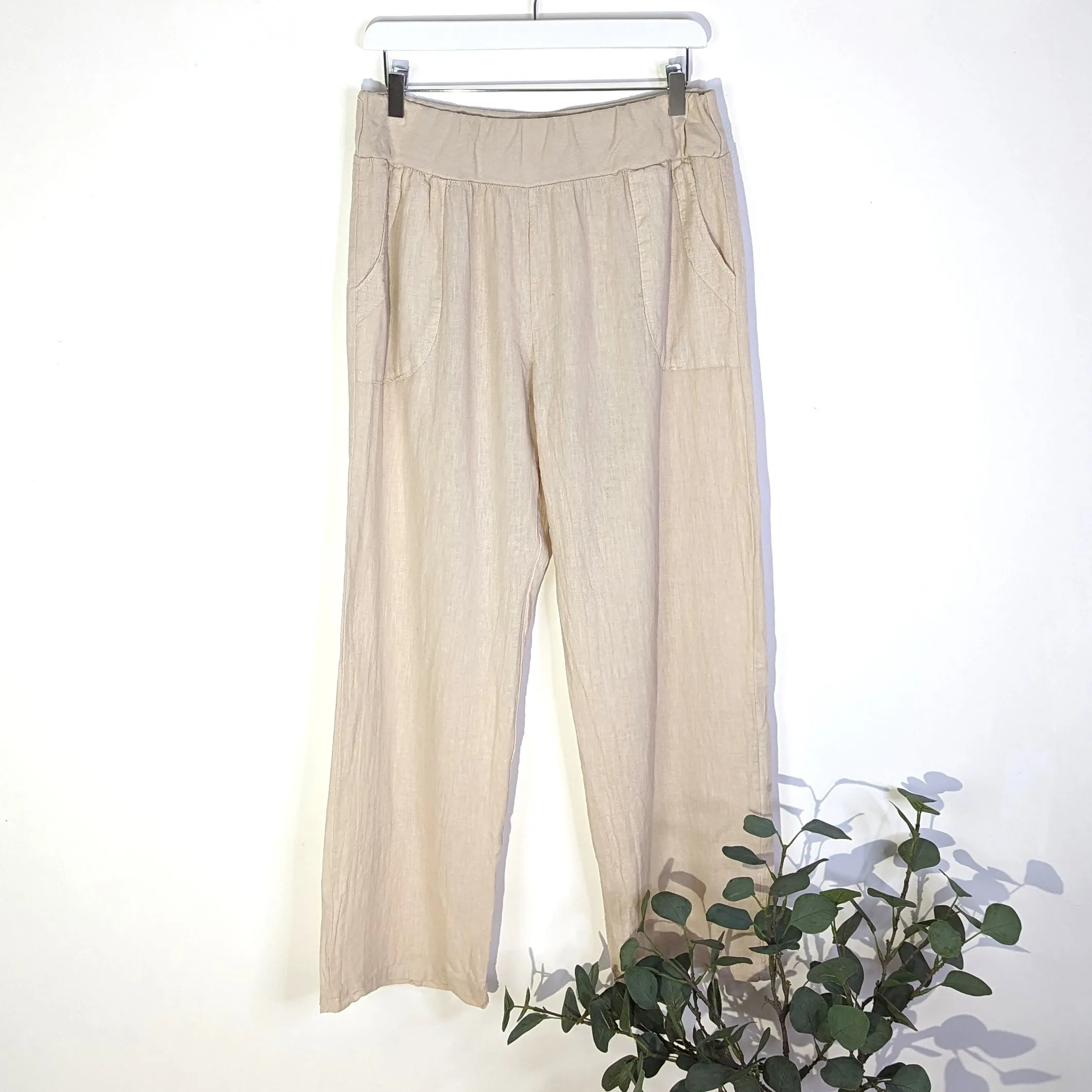 Linen cotton mix straight leg trousers with pockets (M-L)
