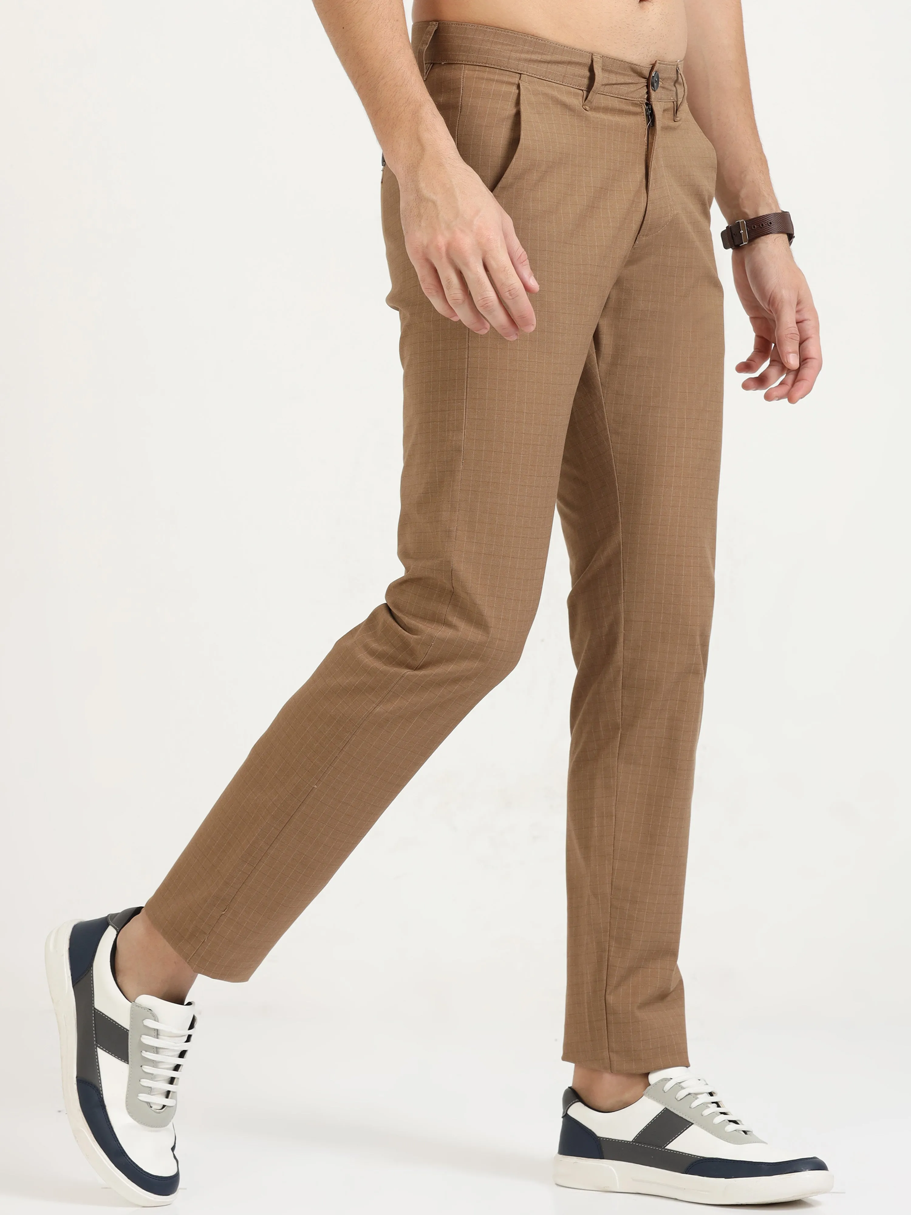 MEN'S KHAKI CHECKED SLIM FIT TROUSER