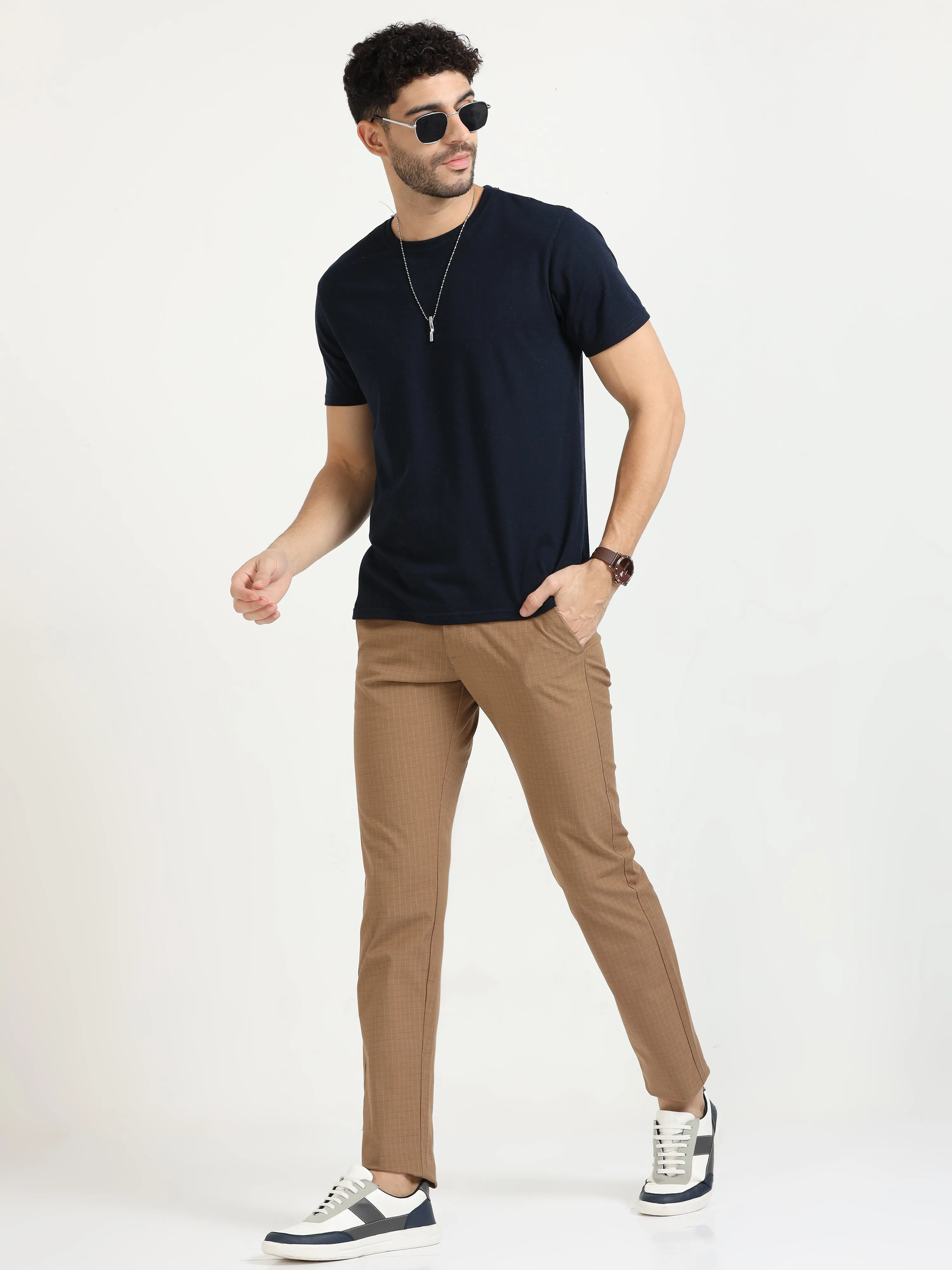 MEN'S KHAKI CHECKED SLIM FIT TROUSER
