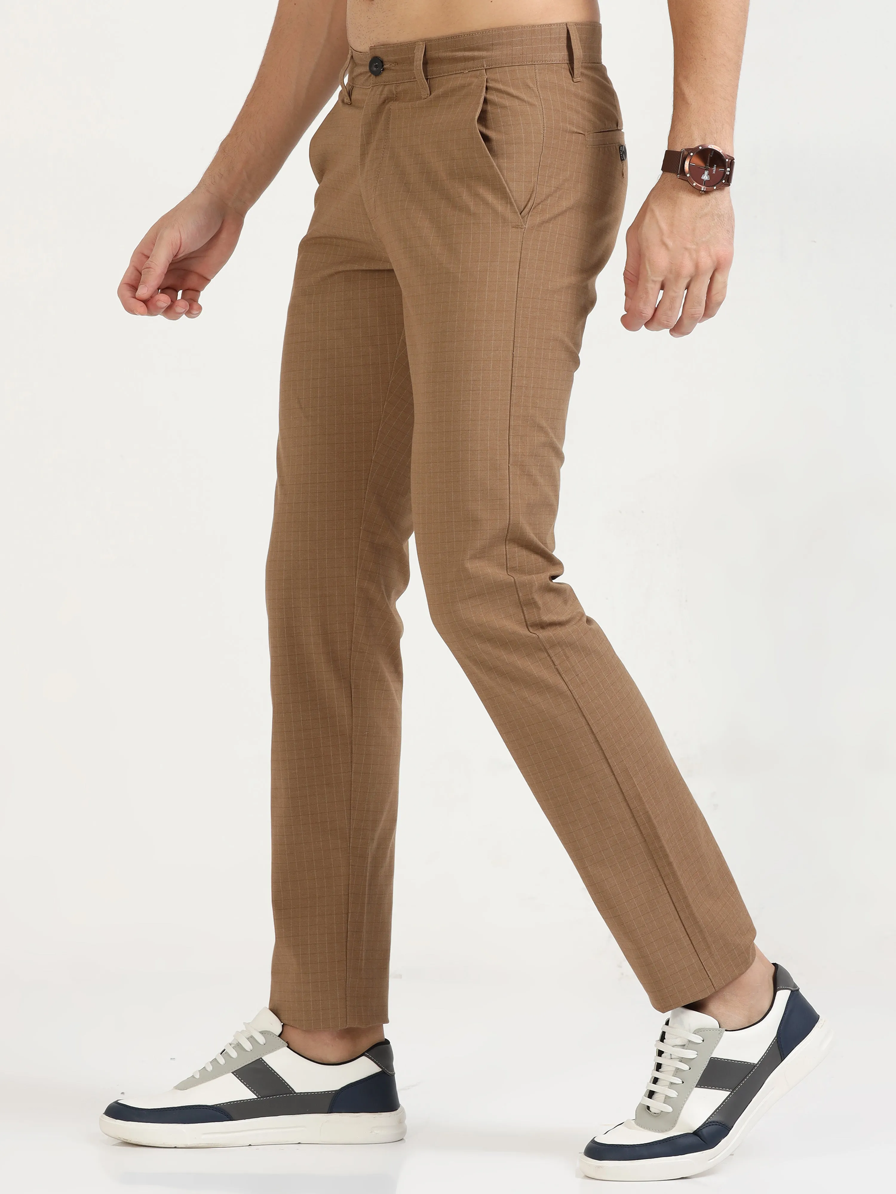 MEN'S KHAKI CHECKED SLIM FIT TROUSER