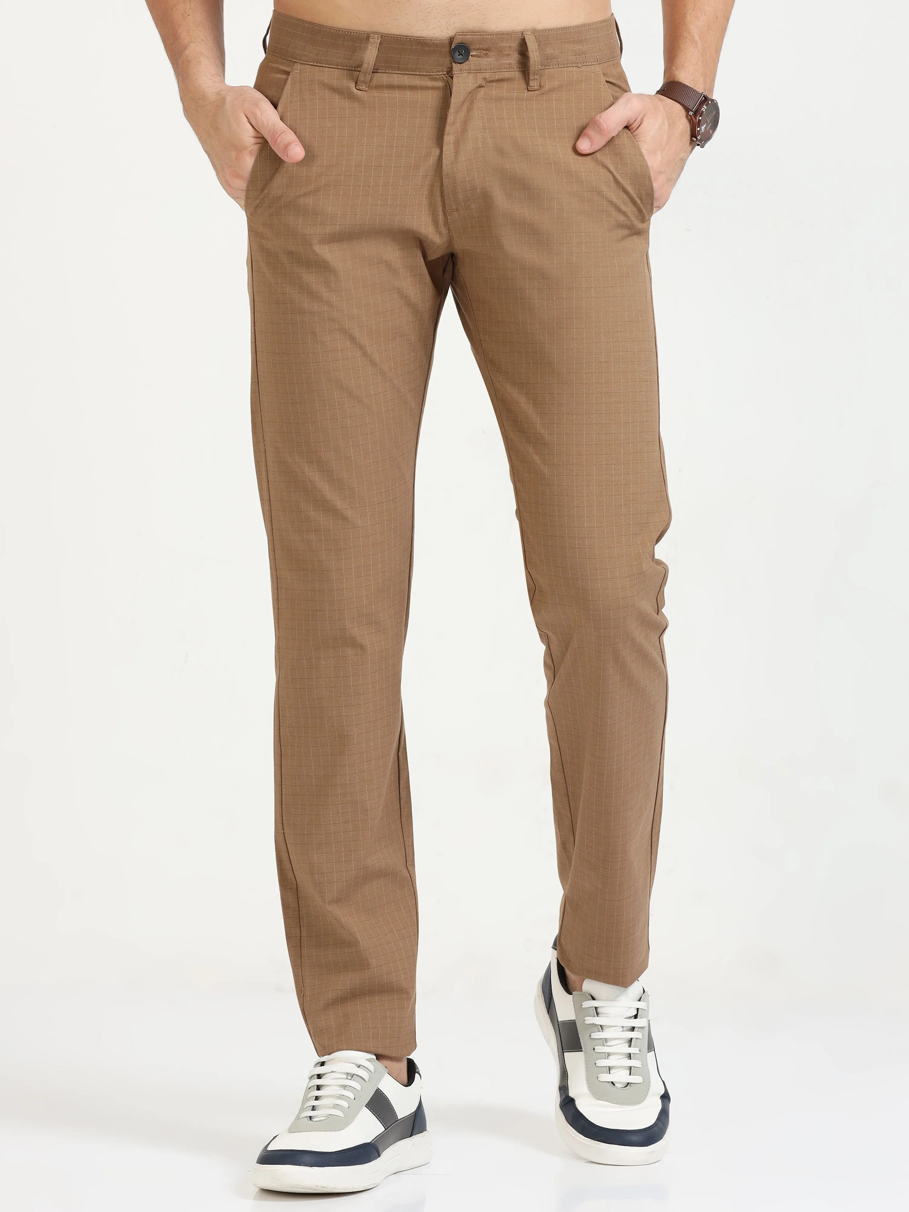 MEN'S KHAKI CHECKED SLIM FIT TROUSER