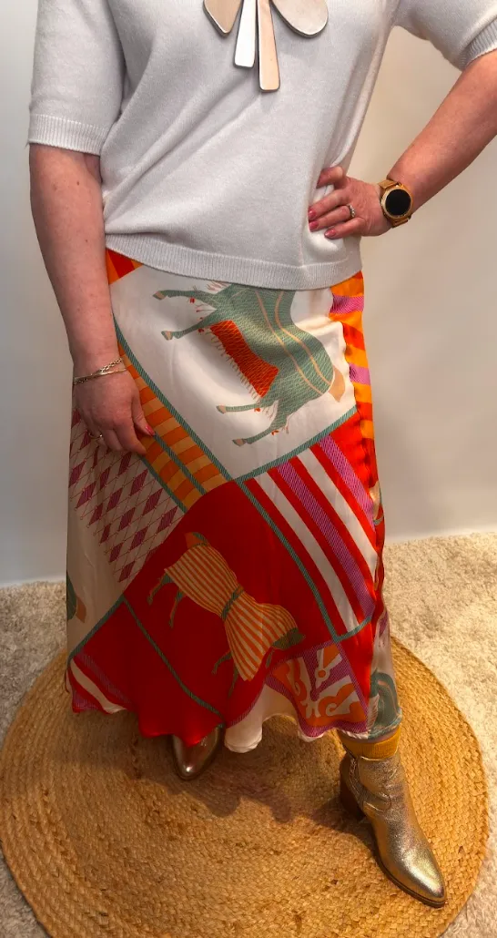 Satin A-Line Skirt with Horse Print - Orange