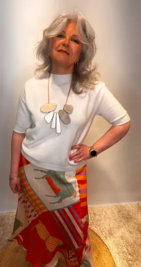 Satin A-Line Skirt with Horse Print - Orange