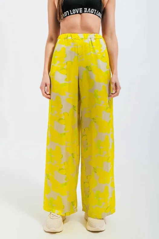 Wide Leg Trousers In Yellow Floral
