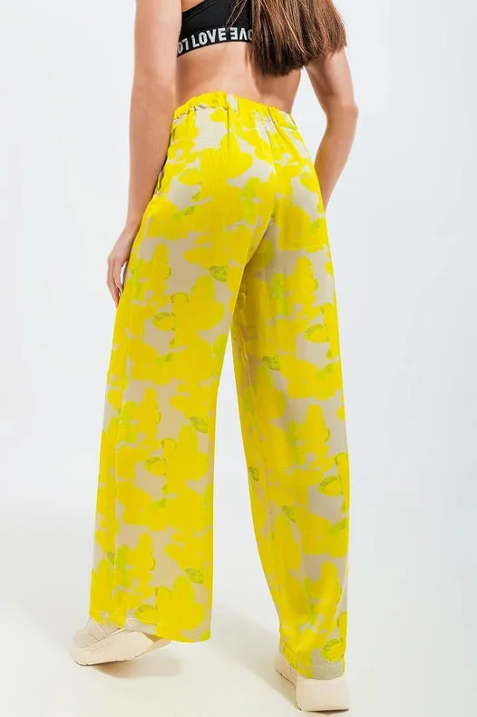 Wide Leg Trousers In Yellow Floral